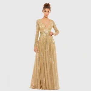 Mac Duggal Gold Long Sleeve Pageant Prom Formal Dress Gown